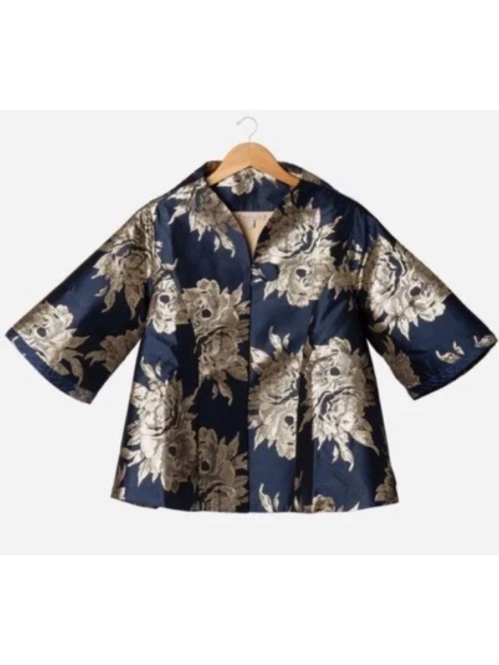 Frances Valentine Metallic Jacquard Short Swing Coat In Navy Blue
